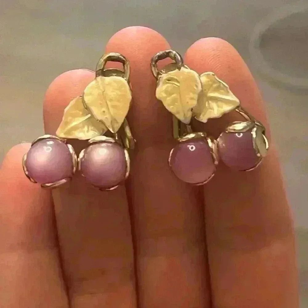 Vintage Purple Moonstone Fruit Clip On Earrings Cluster